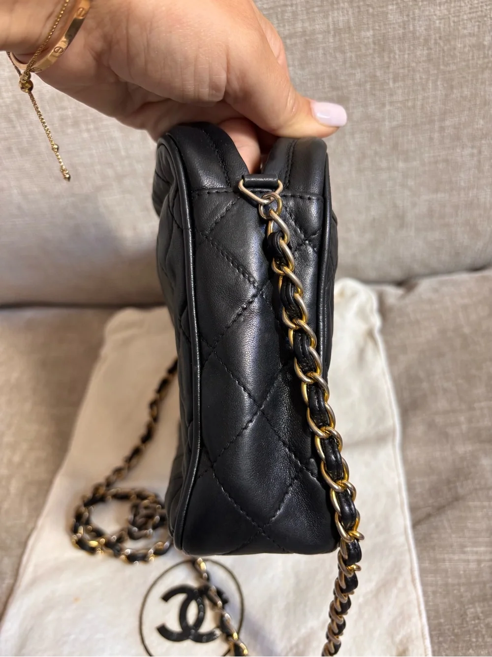Authentic CHANEL vintage black lambskin tassel camera bag